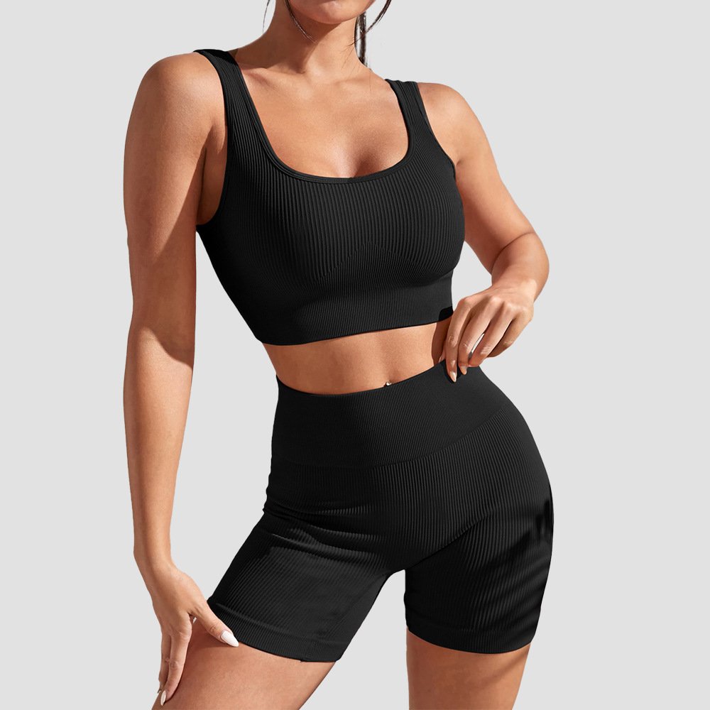 Women Ribbed Sleeveless Workout Wear Lady Thick Shoulder Straps Sports Suit Female Scrunch Butt Crop TOP Running Sets