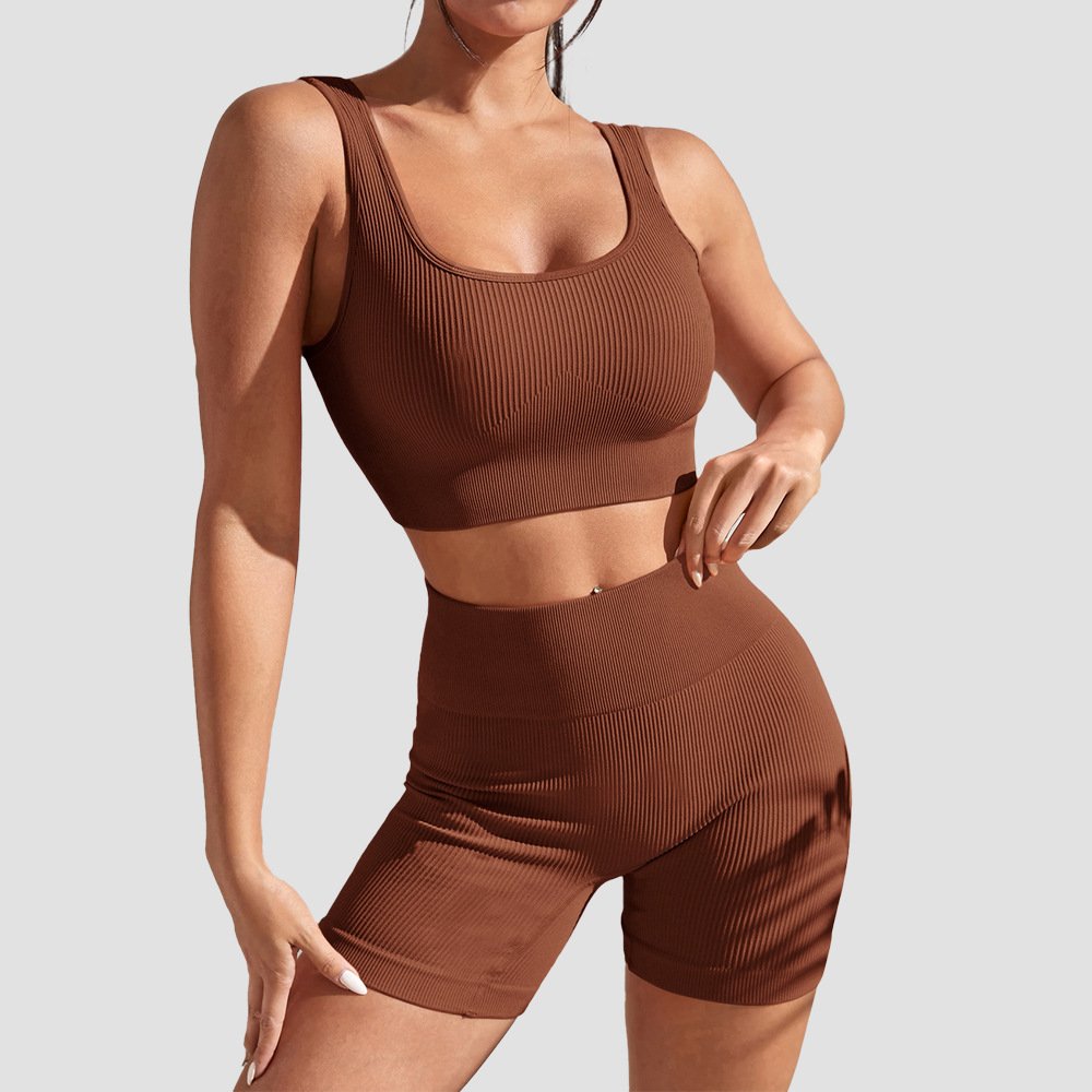 Women Ribbed Sleeveless Workout Wear Lady Thick Shoulder Straps Sports Suit Female Scrunch Butt Crop TOP Running Sets