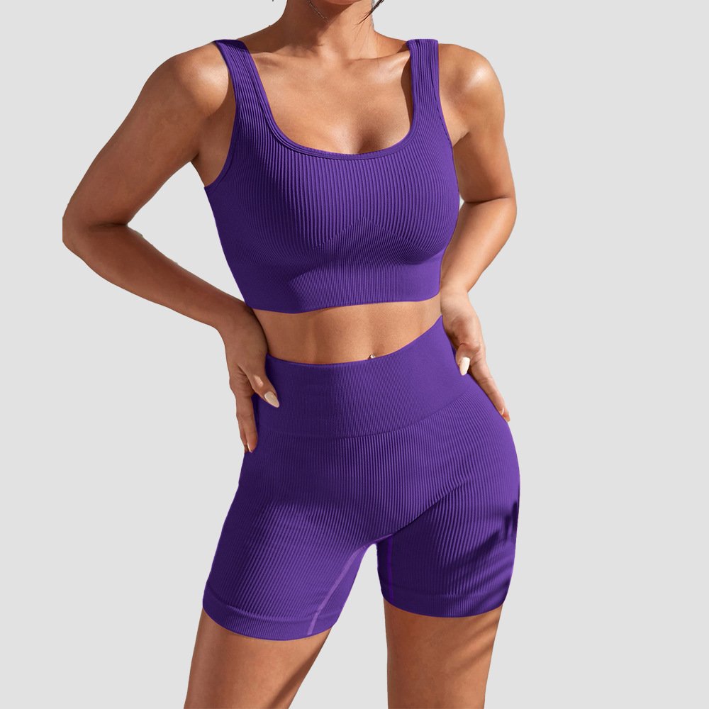 Women Ribbed Sleeveless Workout Wear Lady Thick Shoulder Straps Sports Suit Female Scrunch Butt Crop TOP Running Sets