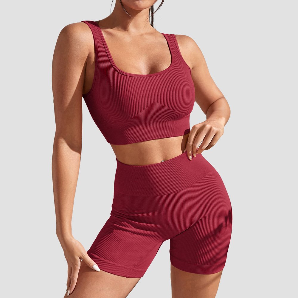 Women Ribbed Sleeveless Workout Wear Lady Thick Shoulder Straps Sports Suit Female Scrunch Butt Crop TOP Running Sets
