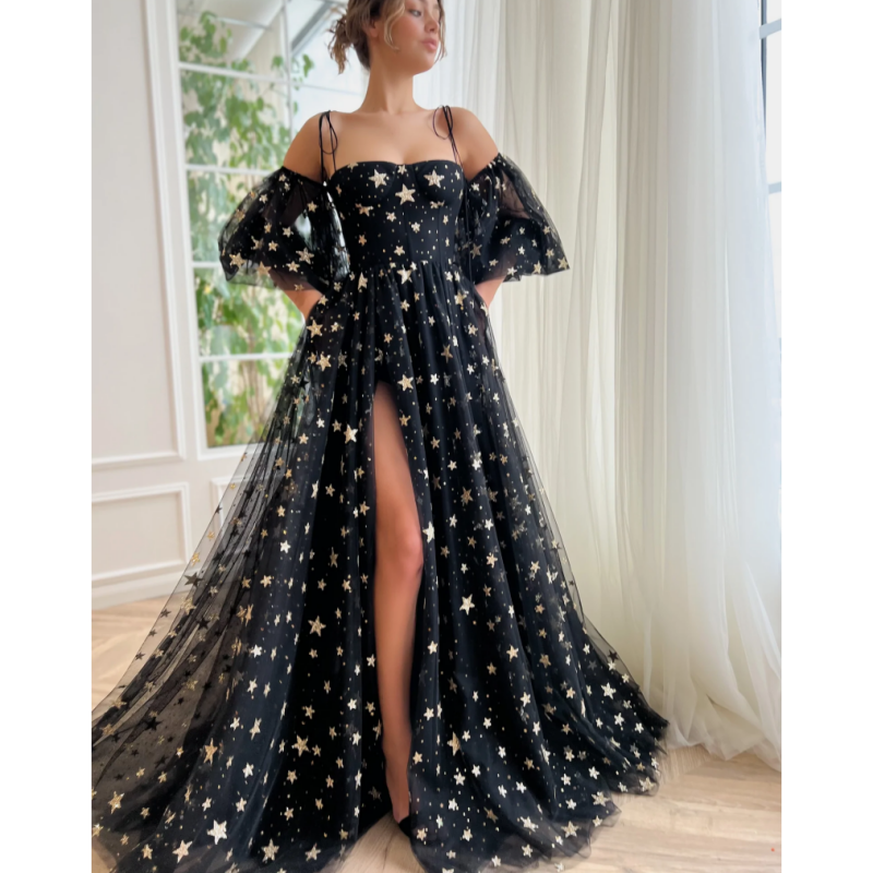 Illusion Shimmering Lace Puffy Sleeves Spaghetti Straps Wedding Gown Birthday Party Dress For Plus Size Women Prom Evening Dress