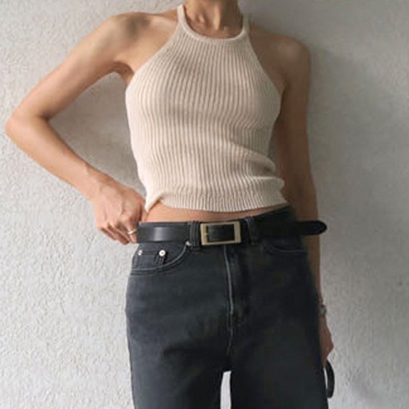 Beige Strap Crop Tops Summer Women's Knitted Camisole Singlet Basic Stretchy Tank Top