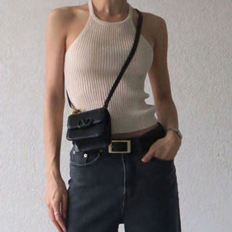 Beige Strap Crop Tops Summer Women's Knitted Camisole Singlet Basic Stretchy Tank Top
