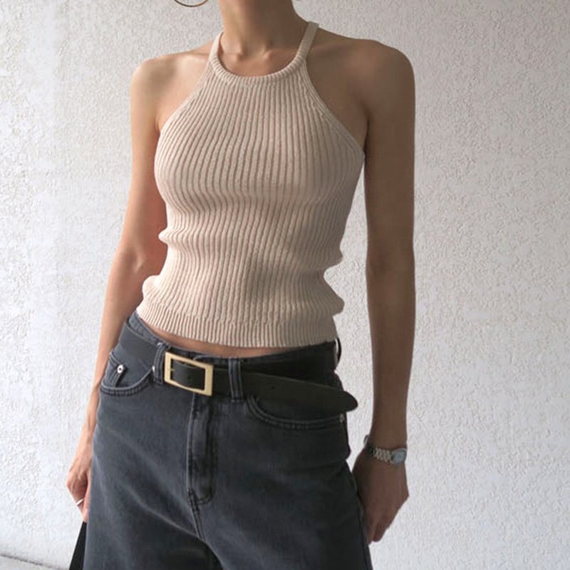 Beige Strap Crop Tops Summer Women's Knitted Camisole Singlet Basic Stretchy Tank Top