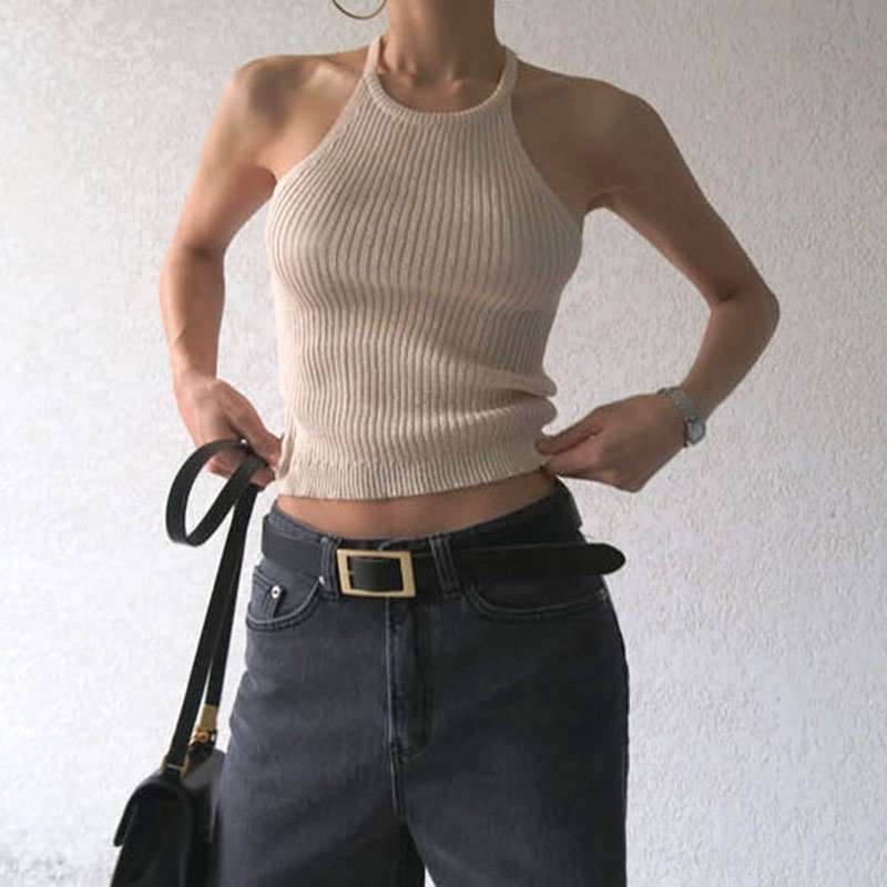 Beige Strap Crop Tops Summer Women's Knitted Camisole Singlet Basic Stretchy Tank Top