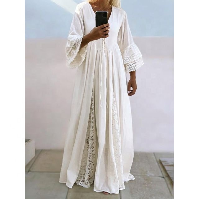 Perfect Balance Elegance And Freshness Bohemian Women Wedding Dress Natural Cotton Flared Sleeves Lace Decor Ladies Maxi Dress