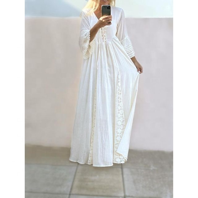 Perfect Balance Elegance And Freshness Bohemian Women Wedding Dress Natural Cotton Flared Sleeves Lace Decor Ladies Maxi Dress