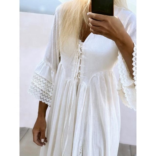 Perfect Balance Elegance And Freshness Bohemian Women Wedding Dress Natural Cotton Flared Sleeves Lace Decor Ladies Maxi Dress
