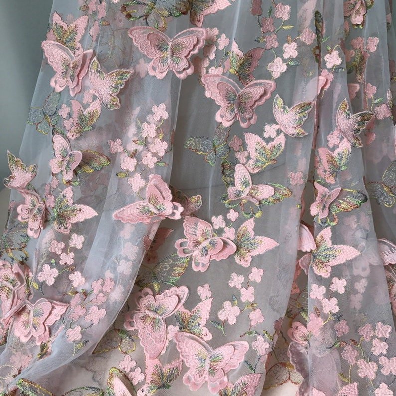 High-End 3D Pink Butterfly Applique lace Fabric Embroidery Net Fabric