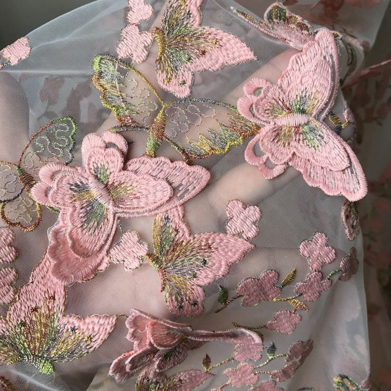 High-End 3D Pink Butterfly Applique lace Fabric Embroidery Net Fabric