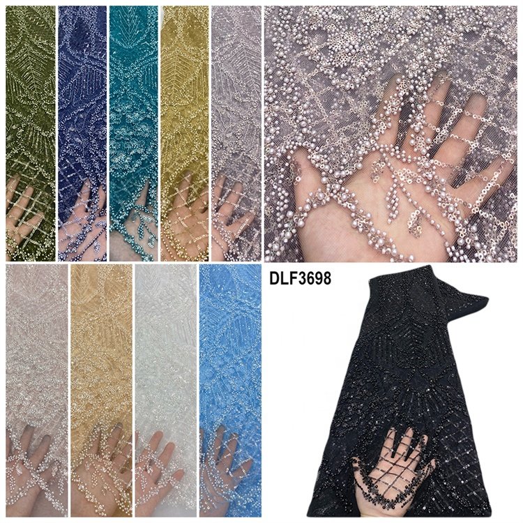 New Embroidery Fabric Laces Fabrics Tulle Beads And Sequins Bridal Dress Lace Pearls Lace Fabric 3D beaded tulle