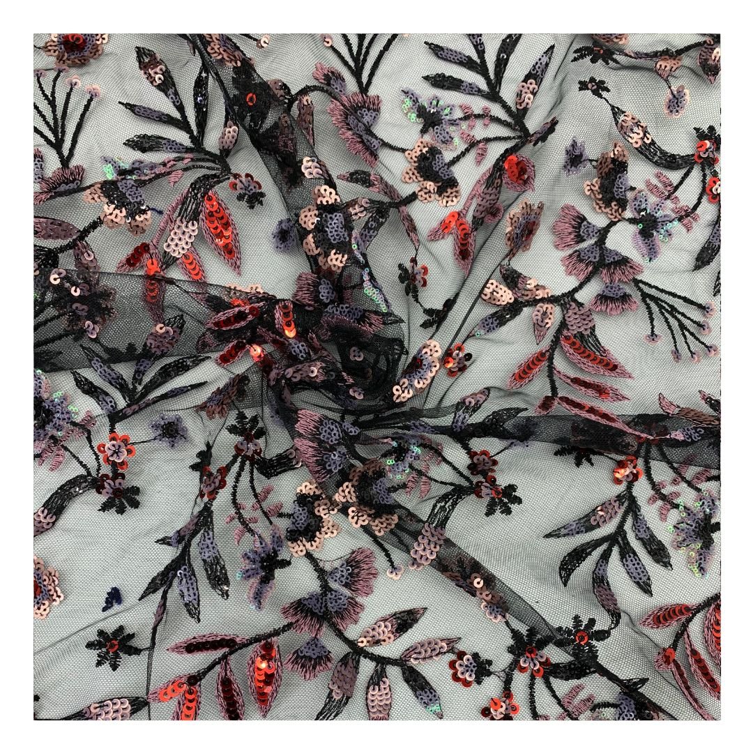 High Quality Multicolored Floral Sequin Embroidered Tulle Net Fabric for Women Dress LP20090320