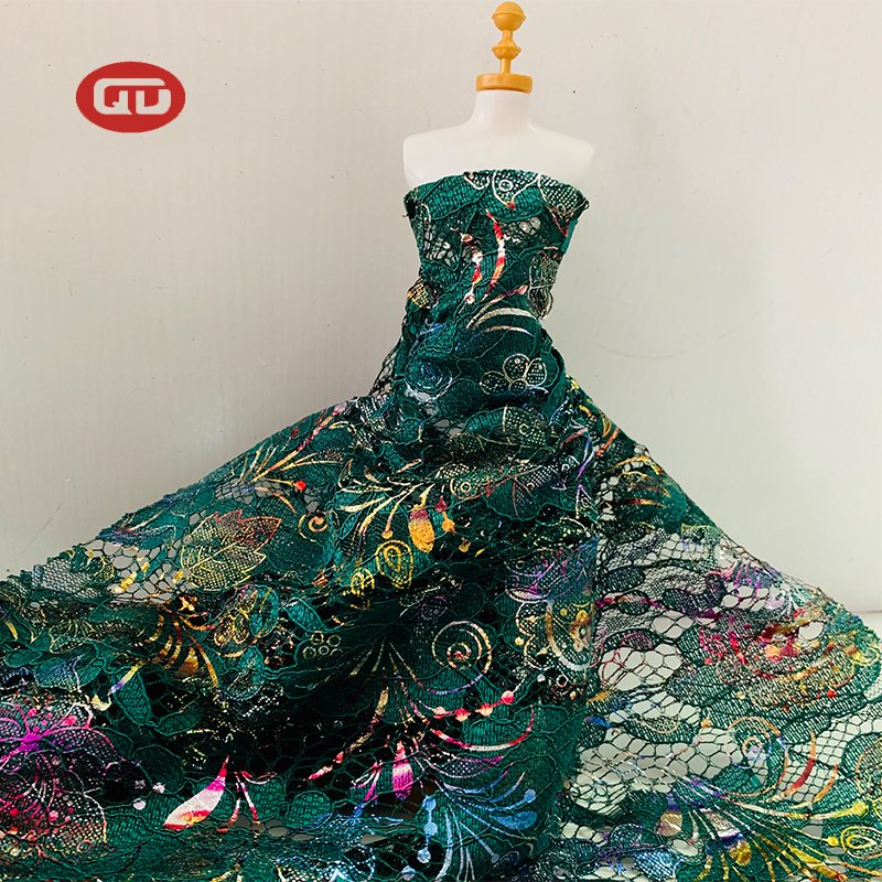 new pattern wholesale colorful gold foil green tulle thread embroidery fabric for women party dress