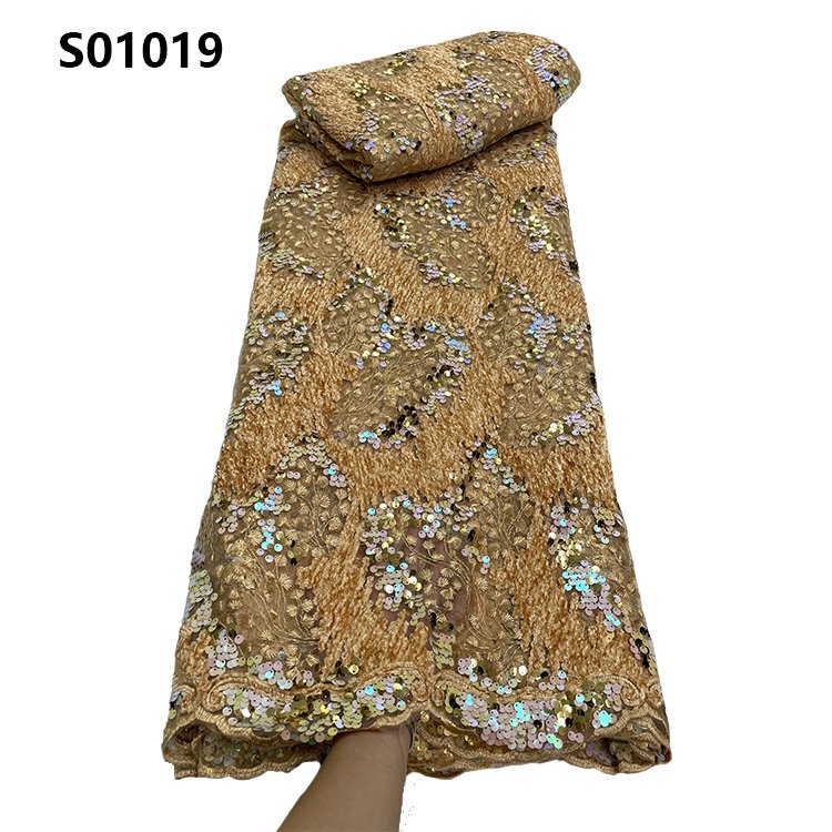 CHOCOO Hot Sale Luxury African Lace Fabric Golden Supplier Green French Tulle Embroidery Sequins Lace Fabric
