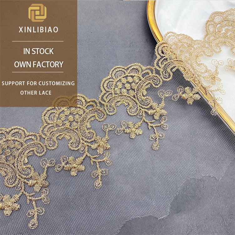 Mesh Water Soluble Lace Gold Metal Thread Embroidery Mesh Lace Good Quality Gold Thread Embroidery