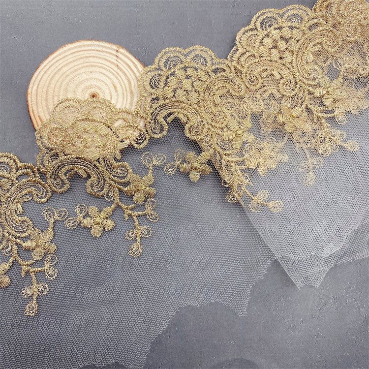 Mesh Water Soluble Lace Gold Metal Thread Embroidery Mesh Lace Good Quality Gold Thread Embroidery
