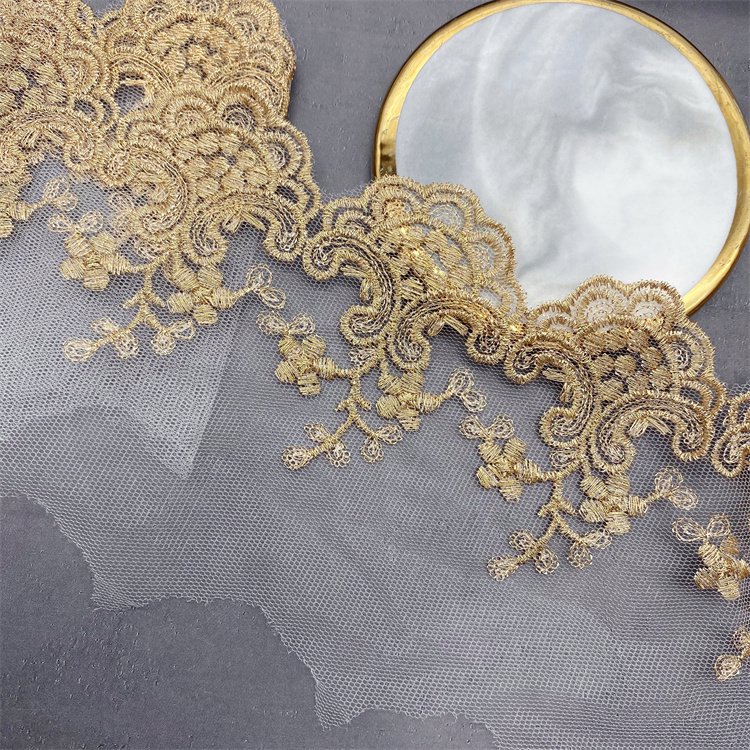 Mesh Water Soluble Lace Gold Metal Thread Embroidery Mesh Lace Good Quality Gold Thread Embroidery