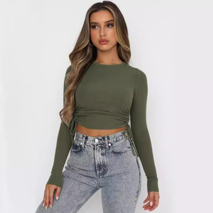 Best-seller Short Solid Color Navel Round Neck Thread Drawstring Design Y2g Top T-shirt Hot Girl Female