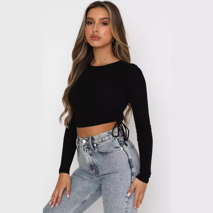 Best-seller Short Solid Color Navel Round Neck Thread Drawstring Design Y2g Top T-shirt Hot Girl Female