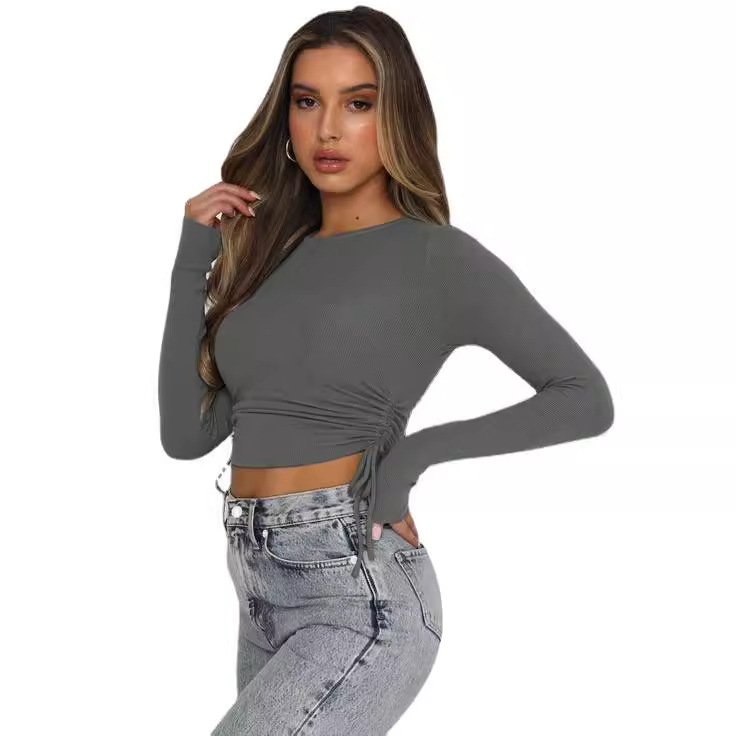 Best-seller Short Solid Color Navel Round Neck Thread Drawstring Design Y2g Top T-shirt Hot Girl Female