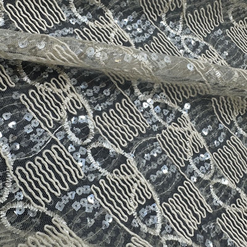 Recycled Sequin Pearl White Fabric Beaded Lace Fabric Luxury for Weddings