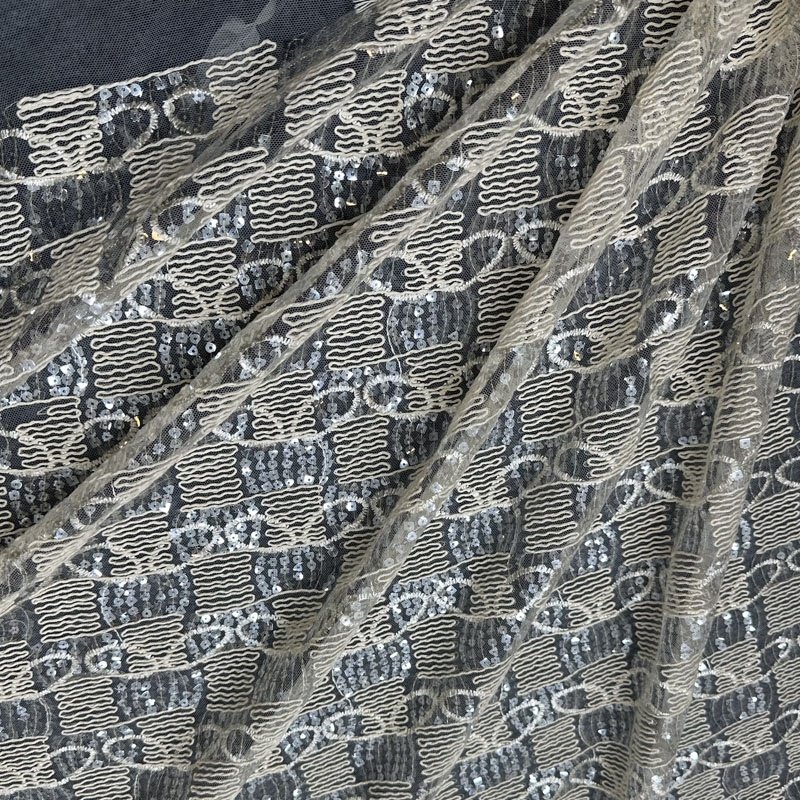 Recycled Sequin Pearl White Fabric Beaded Lace Fabric Luxury for Weddings