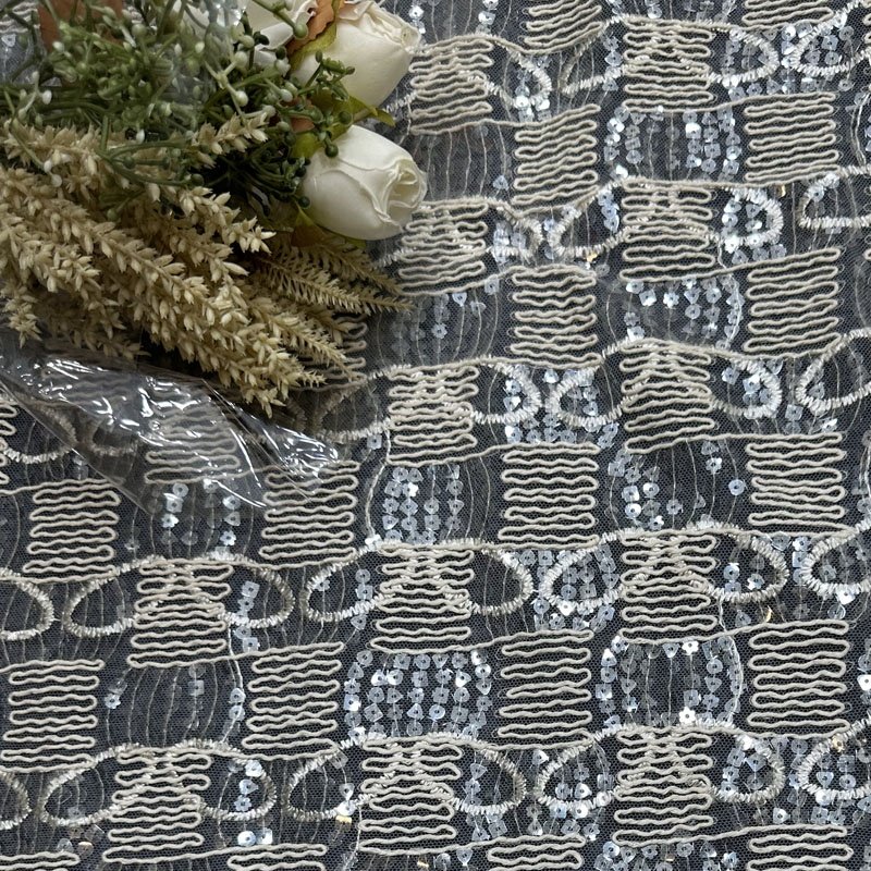 Recycled Sequin Pearl White Fabric Beaded Lace Fabric Luxury for Weddings