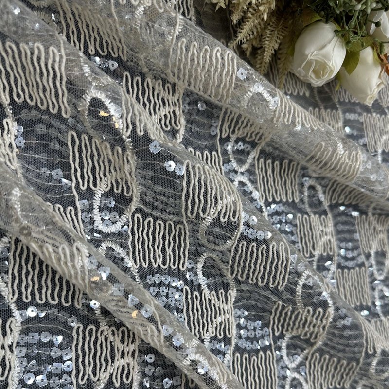 Recycled Sequin Pearl White Fabric Beaded Lace Fabric Luxury for Weddings