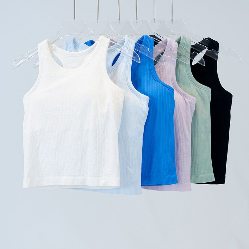 Hot selling Lulu Yoga wear women's athletic short vest with high stretch knitted ribs over summer nylon comfort with a chest pad
