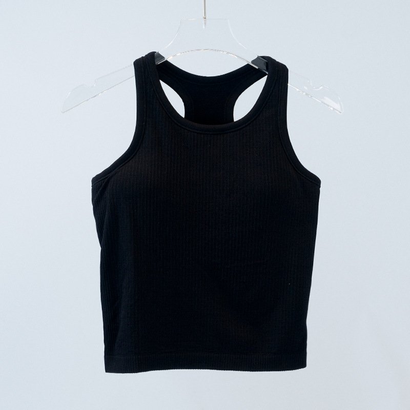 Hot selling Lulu Yoga wear women's athletic short vest with high stretch knitted ribs over summer nylon comfort with a chest pad