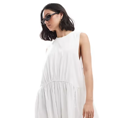 Mini dress 2024 ribbed tank maxi dress with poplin broderie hem skirt in white