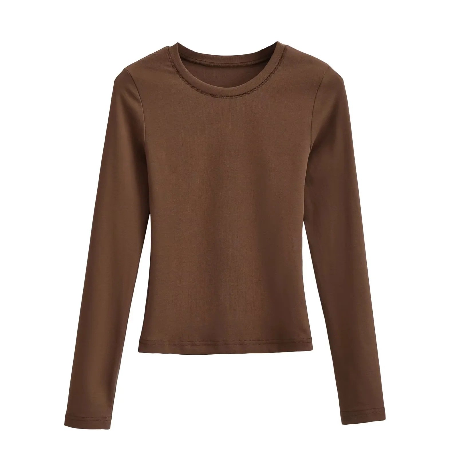 joan top de mujer cotton ribbed crewneck women's t-shirts full length long sleeve brown plain t shirt 2024 new Winter Spring
