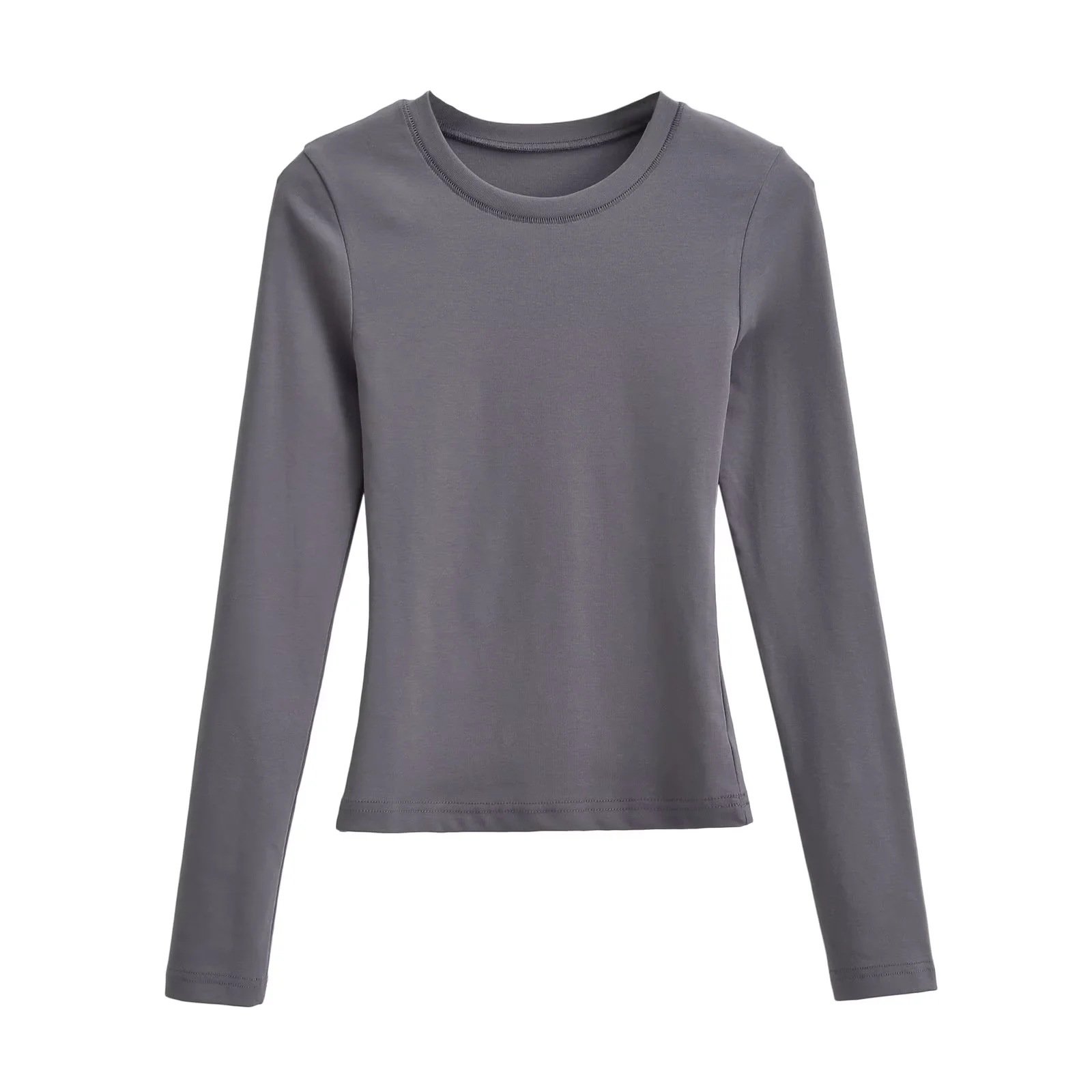 joan top de mujer cotton ribbed crewneck women's t-shirts full length long sleeve brown plain t shirt 2024 new Winter Spring