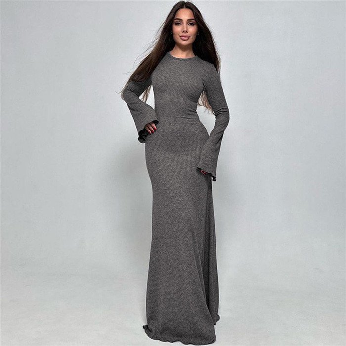 vestidos largo Women's new fashion solid color slim round neck long sleeve A-word dress wholesale