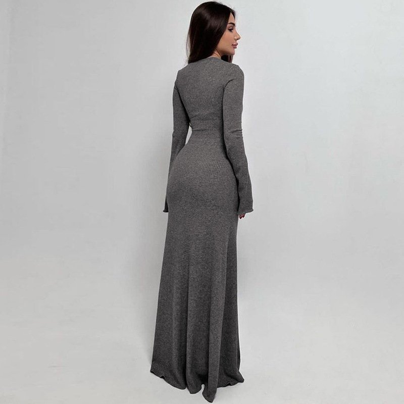 vestidos largo Women's new fashion solid color slim round neck long sleeve A-word dress wholesale