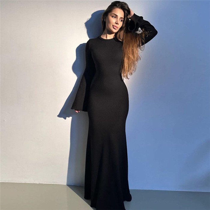 vestidos largo Women's new fashion solid color slim round neck long sleeve A-word dress wholesale