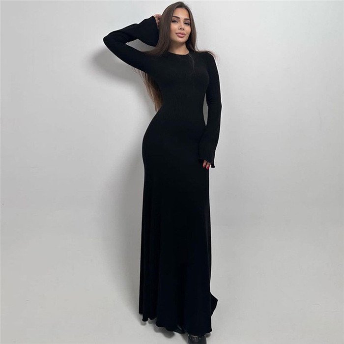 vestidos largo Women's new fashion solid color slim round neck long sleeve A-word dress wholesale