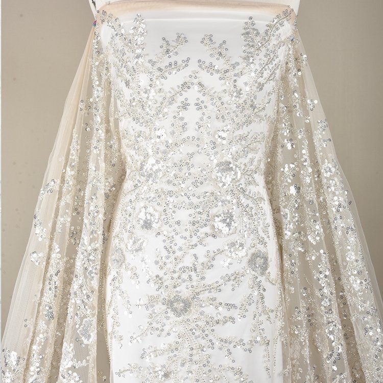Tube Beaded Lace Fabric Embroidery Beads Sequins Bridal Fabric Wedding Lace