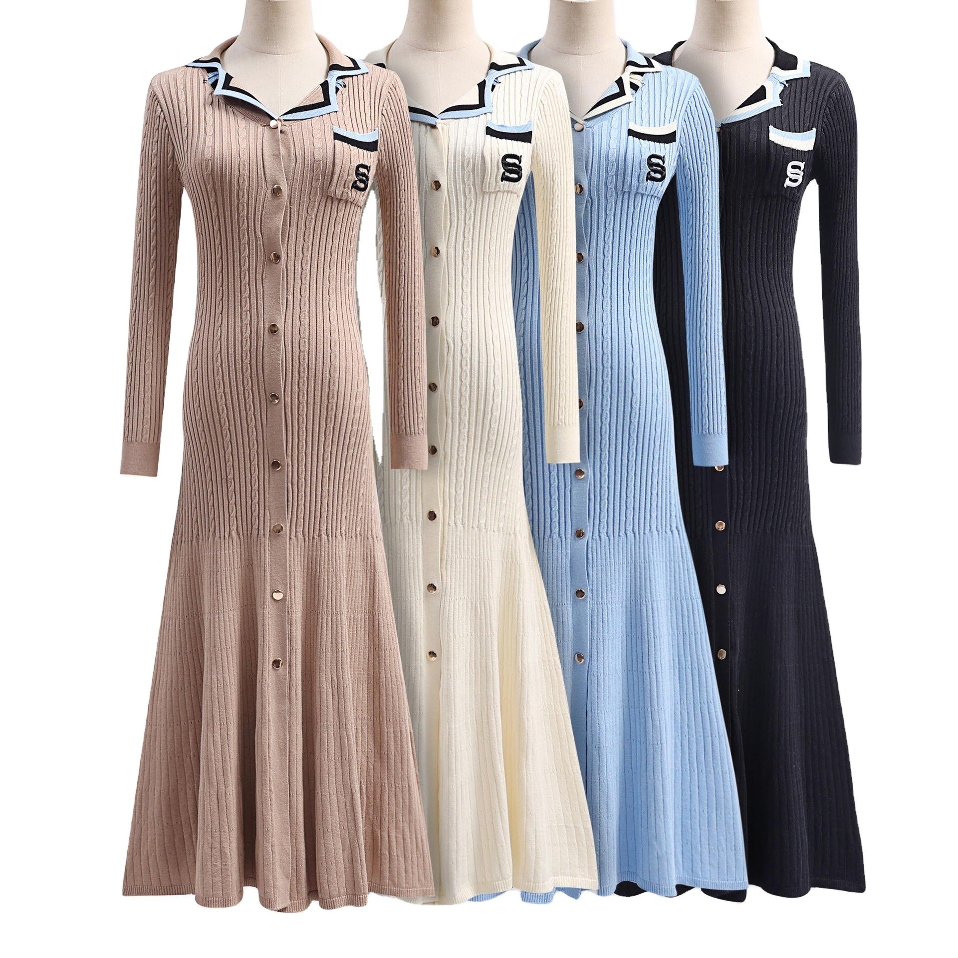 In-Stock Polo Collar Knit Sweater Dress - Slim Fit, Elegant Style, Available in Multiple Colors