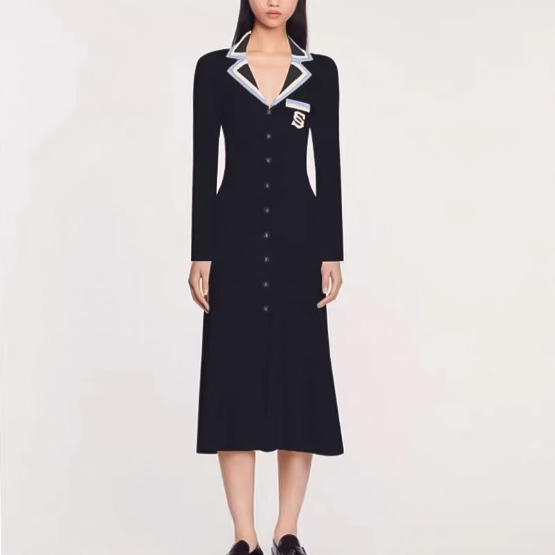 In-Stock Polo Collar Knit Sweater Dress - Slim Fit, Elegant Style, Available in Multiple Colors