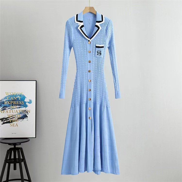 In-Stock Polo Collar Knit Sweater Dress - Slim Fit, Elegant Style, Available in Multiple Colors