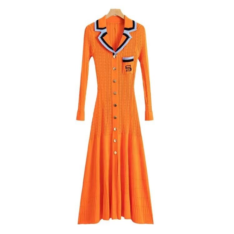 In-Stock Polo Collar Knit Sweater Dress - Slim Fit, Elegant Style, Available in Multiple Colors