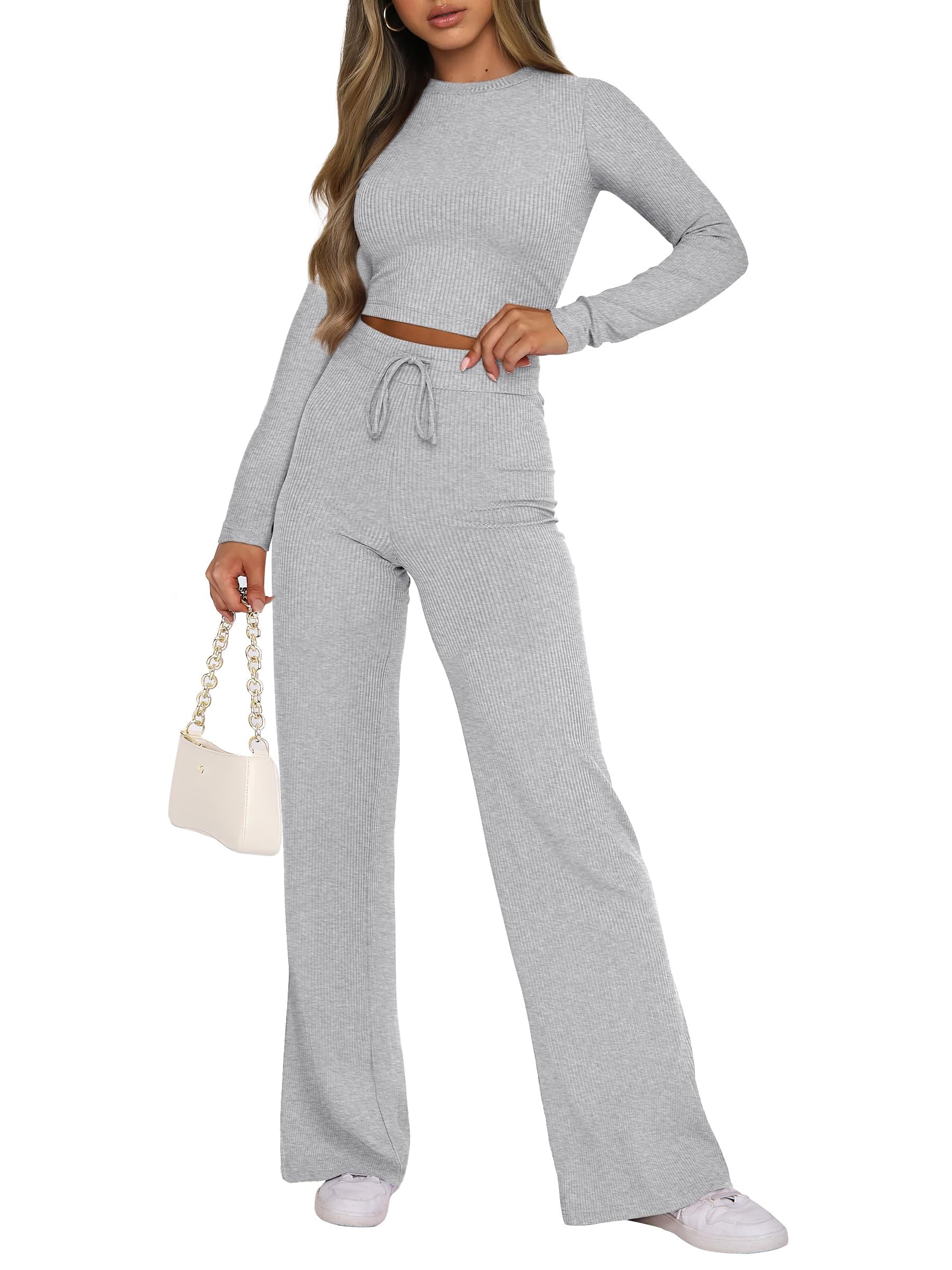 2024 Fall Outfits Custom logo Women's 2 Piece Lounge Sets Long Sleeve Crop Tops Flare Pants Ribbed Knit Matching yoga Set
