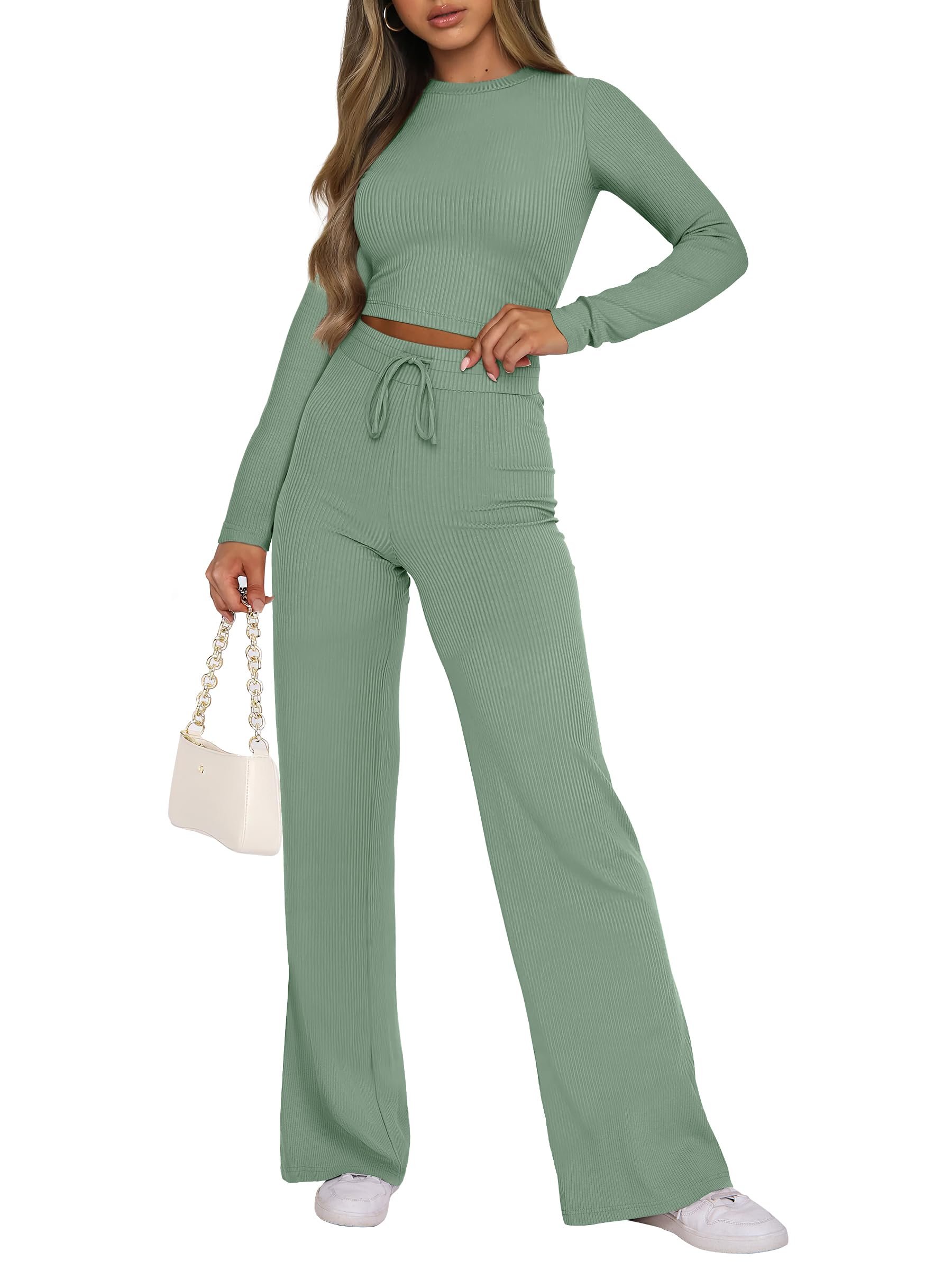 2024 Fall Outfits Custom logo Women's 2 Piece Lounge Sets Long Sleeve Crop Tops Flare Pants Ribbed Knit Matching yoga Set