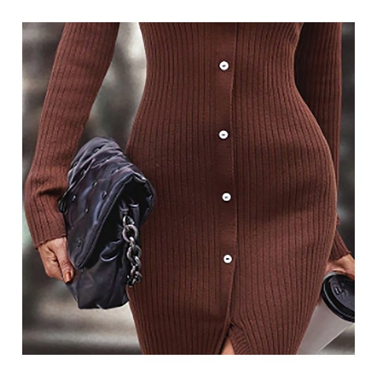 Wholesale Custom Knit Button Sweater Sexy Turn-Down Collar Female Knitwear Ribbed Cardigan Dress For Women