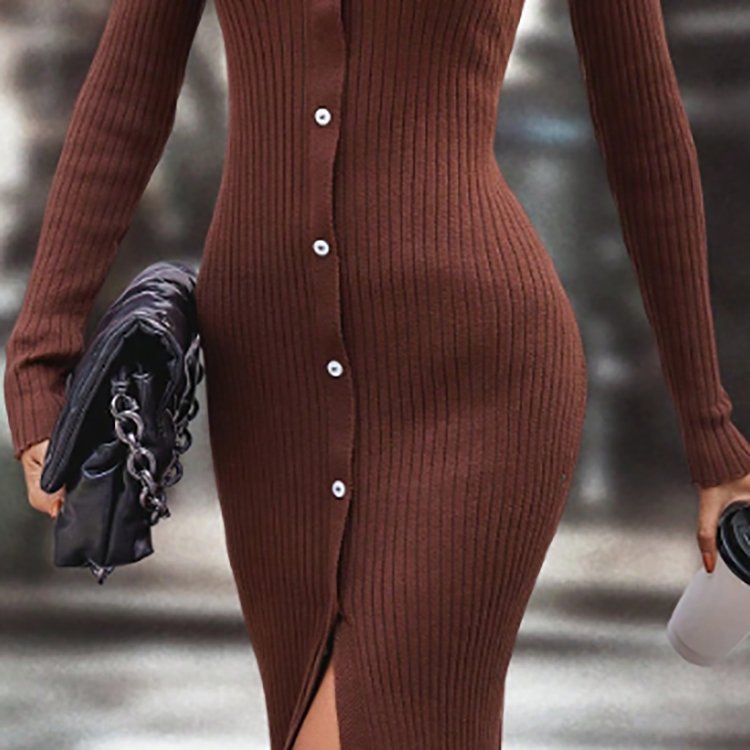 Wholesale Custom Knit Button Sweater Sexy Turn-Down Collar Female Knitwear Ribbed Cardigan Dress For Women