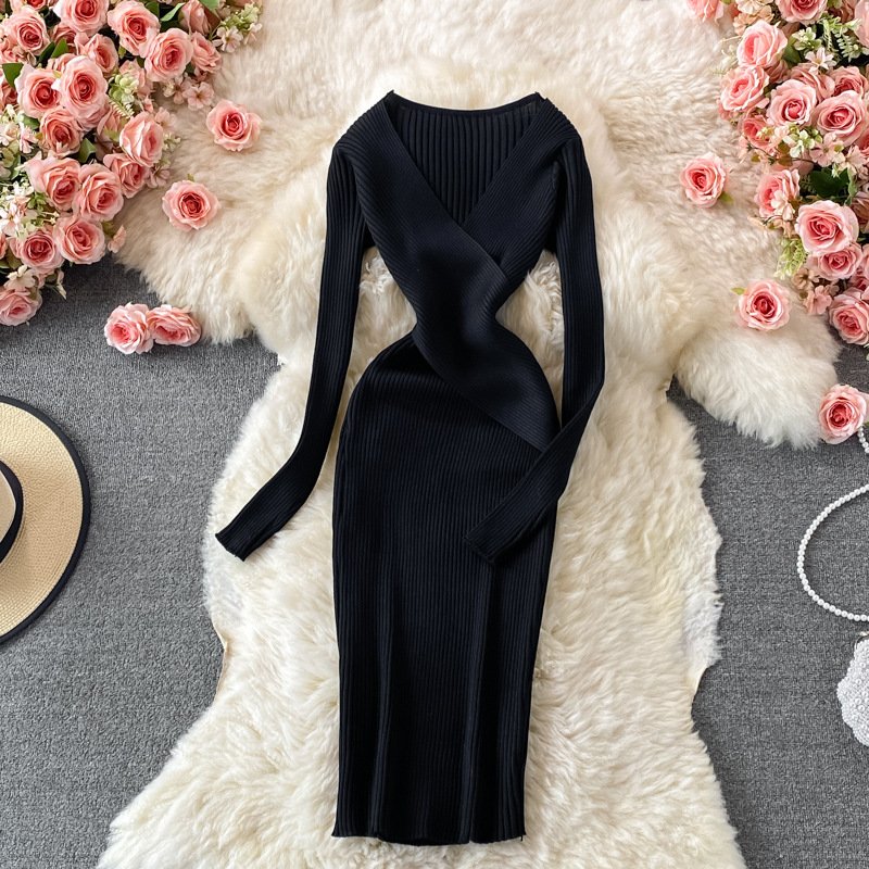 Women Chic Fashion Black Sweater Dress Outfits Clothes V-neck Autumn Winter Elegant Ribbed Knitted Bodycon Dress