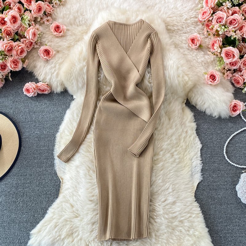 Women Chic Fashion Black Sweater Dress Outfits Clothes V-neck Autumn Winter Elegant Ribbed Knitted Bodycon Dress