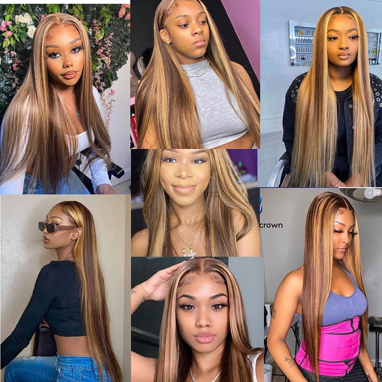 ZSF Brazilian Virgin Cuticle Aligned Hair Vendors Per Plucked Highlight 4/27# Piano Color Transparent Lace Front Human Hair Wigs