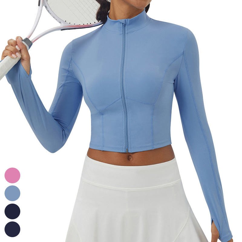 Stand Up Collar Long Sleeve Thumb Holes Outdoor Running Workout Sports Jacket Zipper Fitness Clothing Top Yoga Jacket For Women